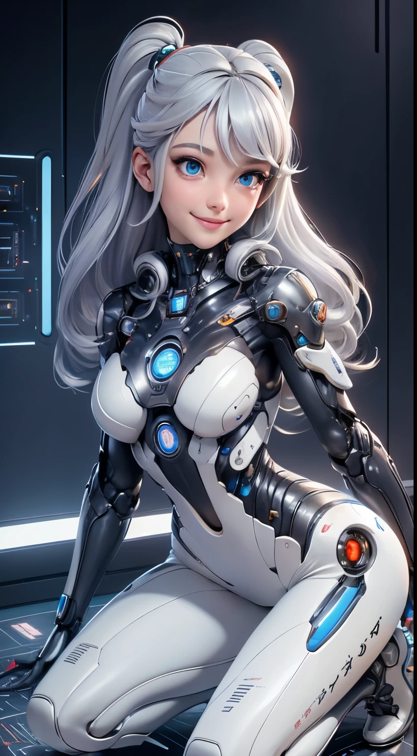 Full body internet girl with ponytail. Ariana Grande's face. Bright white indicates that she is a cyber girl with a white laser rifle. White eyebrows. Clothes like cat outfits. She also has bright blue eyes. The environment is similar to a terminator. The hair is platinum blonde. One side of her face was illuminated by bright blue. Like LEDs. And both hands also have LED lights.