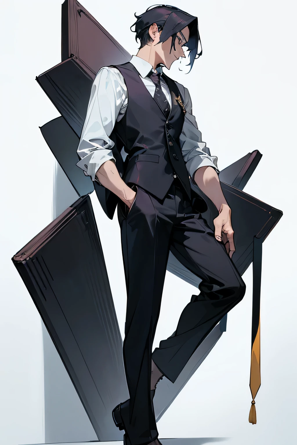 A man wearing a suit and tie is standing in front of a white wall。, wearing a waistcoat, wearing suit vest, wearing waistcoat, suit vest, waistcoat, wearing a vest and a tie, suit and waistcoat, a stylish suit, intricate suit, Modern maximalist suit, 3-piece suit,To your feet,looking left