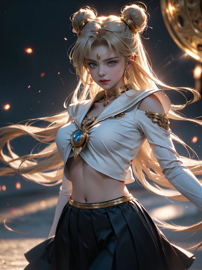 tmasterpiece,Highest image quality,super detailing,Best quality ,Extremely Delicately Beautiful, Very meticulous,Best quality, offcial art, extremely detaild的 CG unified 8k wallpapers, Ana de Armas portrait photo, 金发eBlue eyes,(CG Unity 8K wallpaper in extreme detail,tmasterpiece,Highest image quality),(Delicate light and shadow,The picture is highly dramatic,Cinematic lens effect), (the sailor moon:1.1),Charming smile,double tails, eBlue eyes,golden hair, tight top,whitegloveini-skirts,dynamicposes),The background is the universe(Exceptional detail,The lighting effect is outstanding,Vista wide angle),(Excellent rendering,Enough to stand out from the crowd),Sexy big breasts,Dreamcatcher earrings,The sexiest look,beautiful thigh,