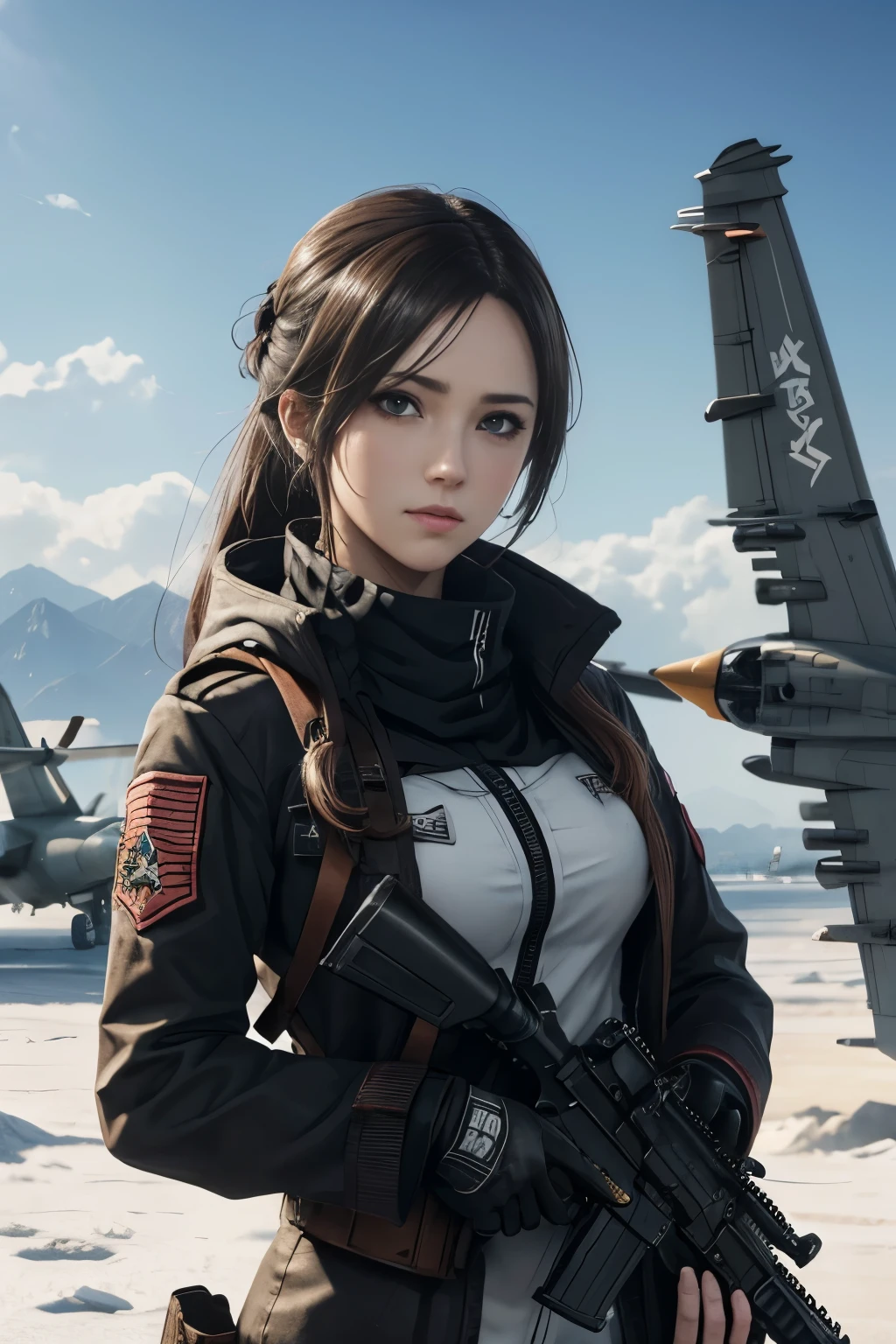 (8k, La mejor calidad, Obra maestra:1.2) personajes de anime labios rojos gruesos y calientes Ojos 4k y cara extremadamente detallados,hermosos ojos azules hermosos ,con pechos enormes muslos hechizantes cuerpo completo en la nieve con un rifle, (aviones de combate) Desde NCSOFT, De Girls Frontline, Ilustraciones oficiales HDR,