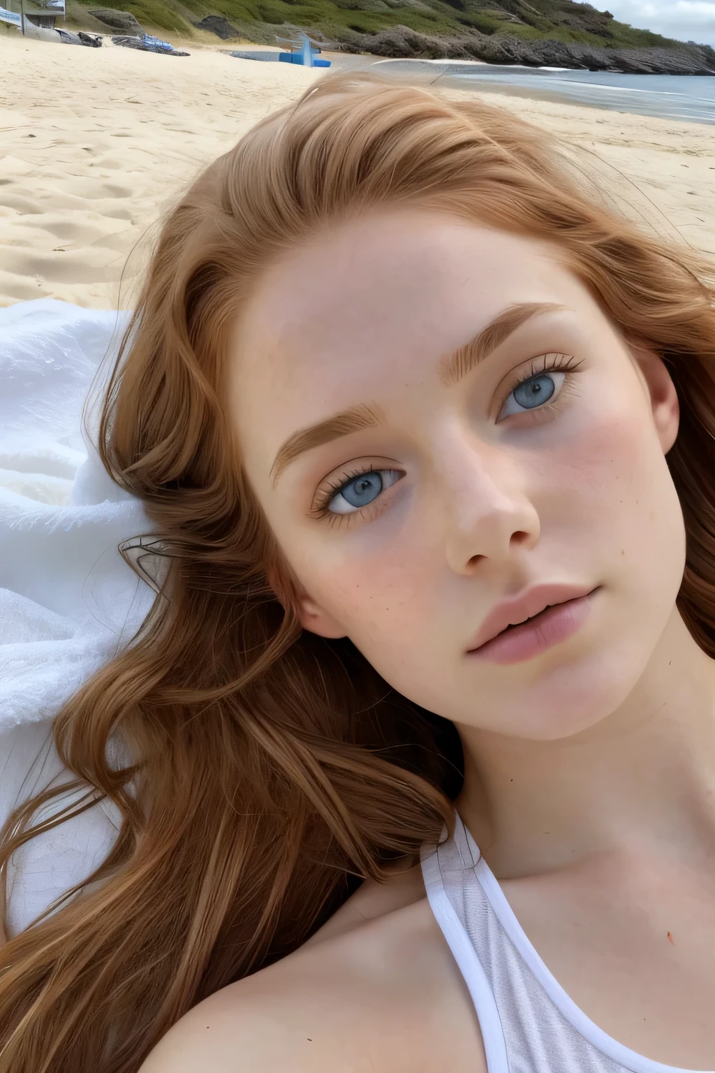 1girl in, 19, Solo, Aesthetic artwork, irish, wavy ginger hair, shoulder length hair, gray eyes, light grey eyes, pale skin, A-cup, small breasts, runners body, (textured skin, skin pores:1.1), goosebumps, taking a selfie while tanning at the beach in sexy bikini laying down on a towel, close-up