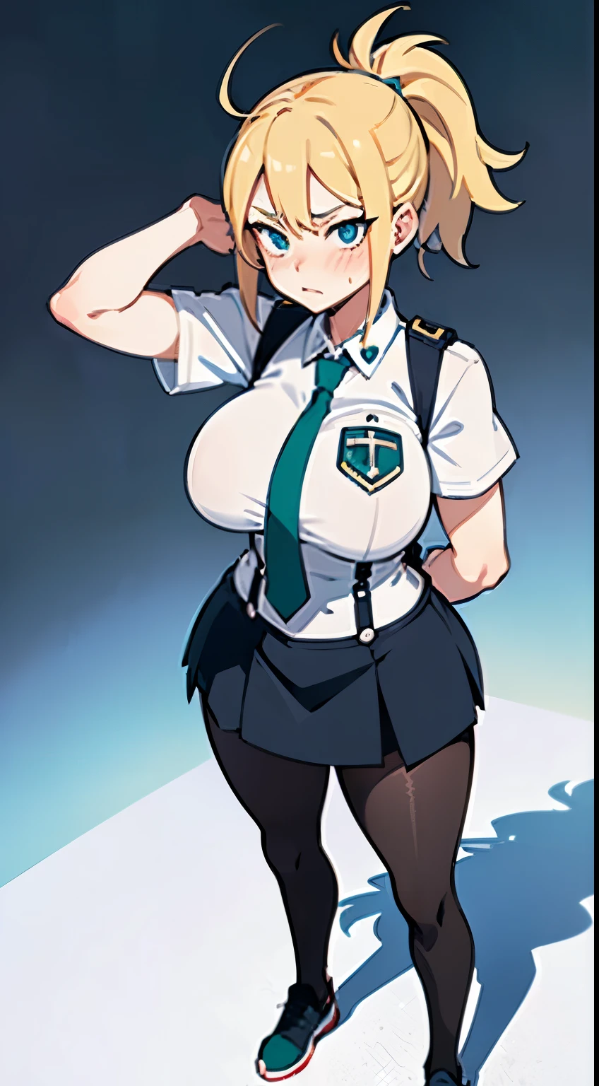 (sharp lineart,no blur,no reflections,flat lighting,flat colors,low detail,animation,anime,best quality) (my hero academia style,boku no hero academia style,2d,anime),1girl,18yo,young looking,blonde ponytail,seductive blue eyes,aroused expression,blushing,large breasts,massive hips,huge thighs,narrow shoulders,hourglass,narrow waist,white short-sleeved t-shirt,black skirt and tights,dark green tie,hand on hips,other hand clenching breasts,facing forward,full body and face focus