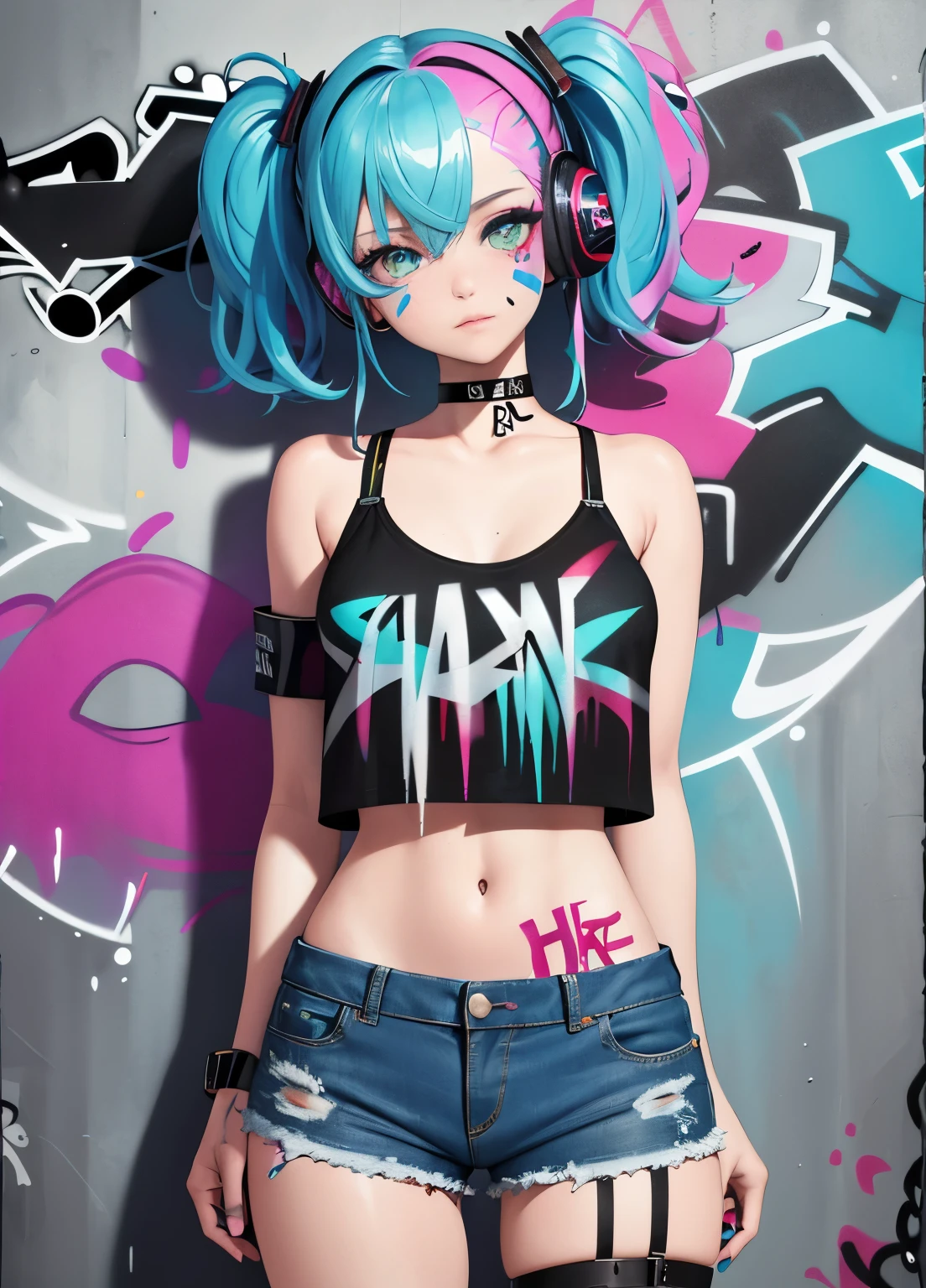 masterpiece, best quality, 1girl, solo, crop top, denim shorts, choker, (graffiti:1.5), paint splatter, arms behind back, against wall, looking at viewer, armband, thigh strap, paint on body, head tilt, bored, multicolored hair, aqua eyes, headset,