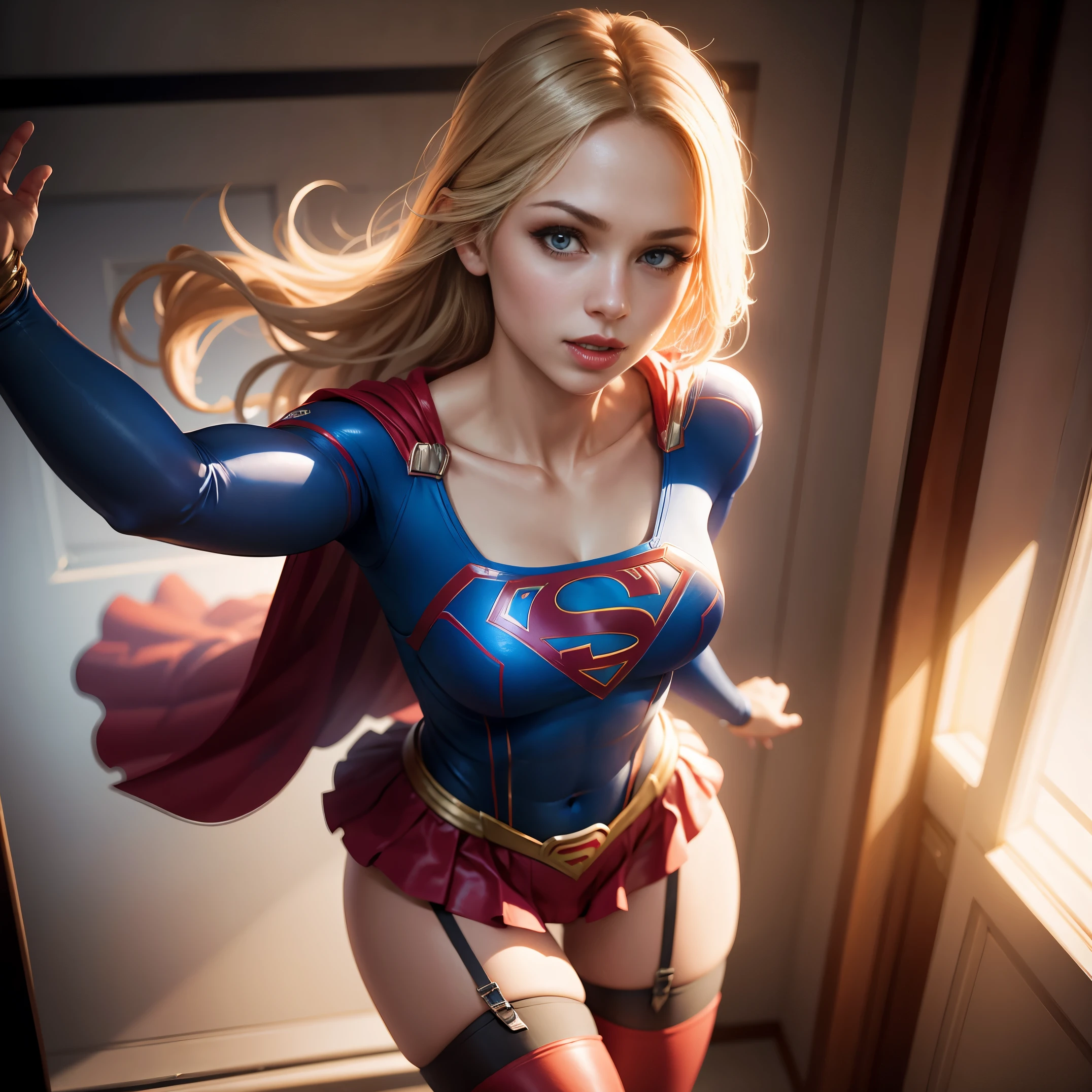 Supergirl flying sexy, wearing lingerie, photorealism