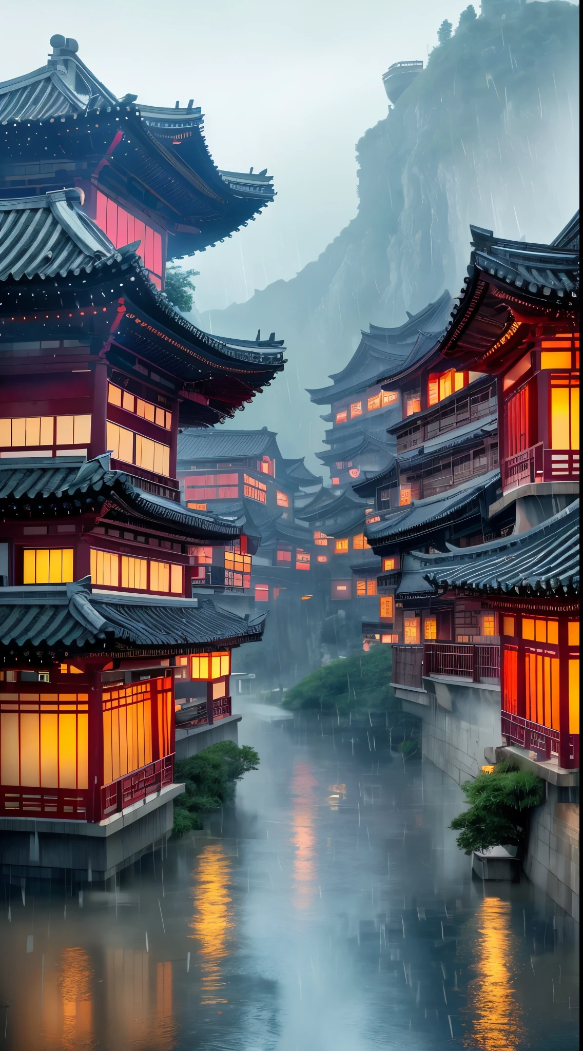 arafed view of a village with a lot of lights on the buildings, dreamy chinese town, chinese village, amazing wallpaper, japanese town, japanese village, hyper realistic photo of a town, old asian village, japanese city, by Raymond Han, rainy evening, cyberpunk chinese ancient castle, beautifully lit buildings, at evening during rain, beautiful and aesthetic, photography, cinematic, 8k, high detailed ((Heavy rain)))
