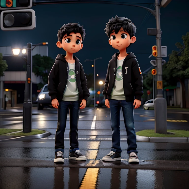 Sweet 2 boys named Drey and Mico printed in a black sweatshirt and jeans, standing on the sidewalk on a rainy night. He is looking at a shiny GTR R35 car passing on the road., Your admiration visible in your eyes. The light from the headlights reflects on the puddles of water around you, enquanto a chuva cai suavemente sobre ele. O som do motor potente ecoa no ar, misturando-se ao som da chuva. The boy remains motionless, captured by the elegance and speed of the car, dreaming of the day when you can be behind the wheel of such an impressive machine.