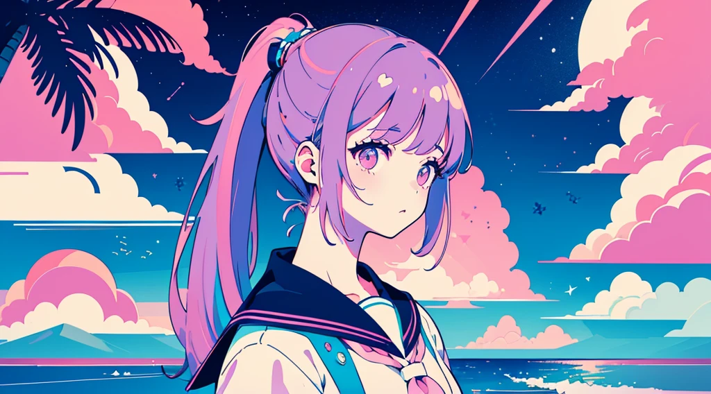 (1 girl, ponytail, sailor suit, headphone, kawaii), (cyberpunk road by the sea, pink glowing road, starry blue sky, big moon, palm trees), (low contrast, flat color, limited palette)