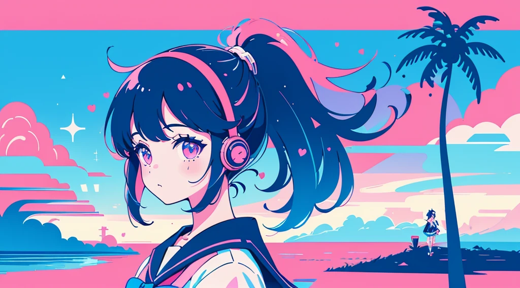 (1 girl, ponytail, sailor suit, headphone, kawaii), (cyberpunk road by the sea, pink glowing road, starry blue sky, big moon, palm trees), (low contrast, flat color, limited palette)