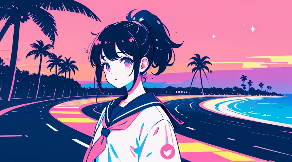 (1 girl, ponytail, sailor suit, headphone, kawaii), (cyberpunk road by the sea, pink glowing road, starry blue sky, big moon, palm trees), (low contrast, flat color, limited palette)