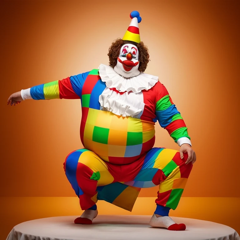 clown guy gets fat. he got as fat as he could'Stand up. his body became round. the reason he gained weight、'Full of cake.