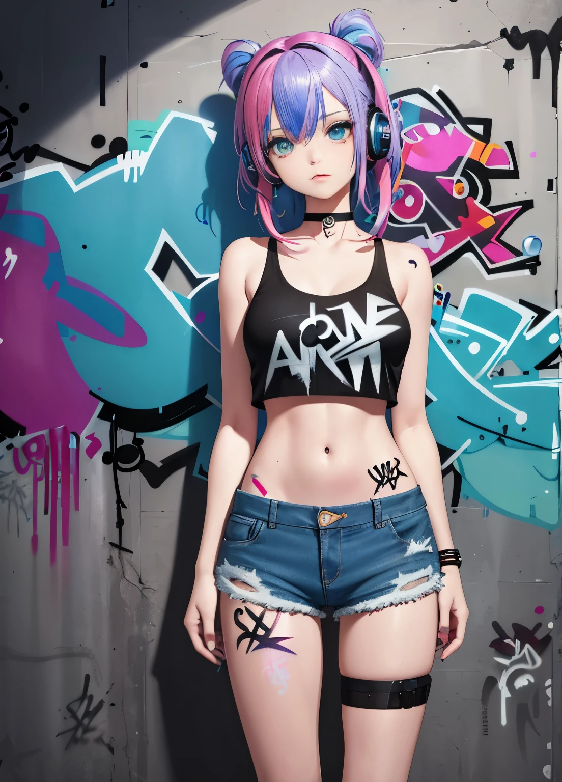 masterpiece, best quality, 1girl, solo, crop top, denim shorts, choker, (graffiti:1.5), paint splatter, arms behind back, against wall, looking at viewer, armband, thigh strap, paint on body, head tilt, bored, multicolored hair, aqua eyes, headset,