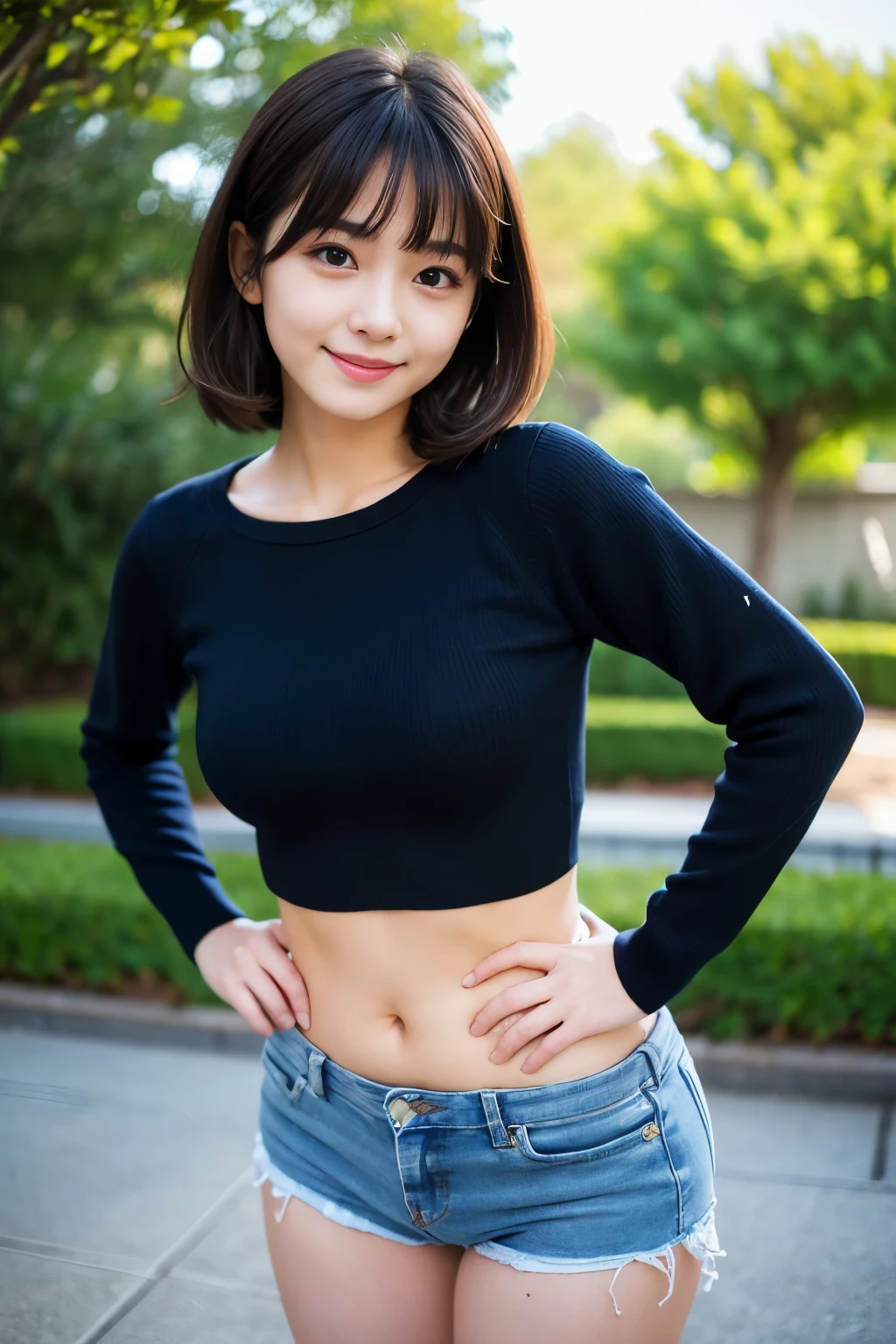 Best-quality, Masterpiece, Ultra-High-Resolution, (Photorealistic:1.4), Raw-Photo, Extremely-Details, Perfect-Anatomy,
1girl, 18-years-old, the most famous Japanese gravure idol, straight front view, ((extremely cute-face like a most popular gravure Japanese idol, extremely childish face)), ((extremely beautiful big black eyes, extremely beautiful big solid circle eyes)), extremely beautiful long eyelashes, extremely beautiful black short-cut-haired, extremely beautiful realistic skins, extremely beautiful medium breasts, (((innocent smile, looking at viewer))), (((leaning forward, hands on hip))),
wearing extremely loose long-sleeve sweater with cute design over very gorgeous brassiere, detailed extremely loose colorful long sleeve sweater with cute design, detailed very gorgeous colorful brassiere