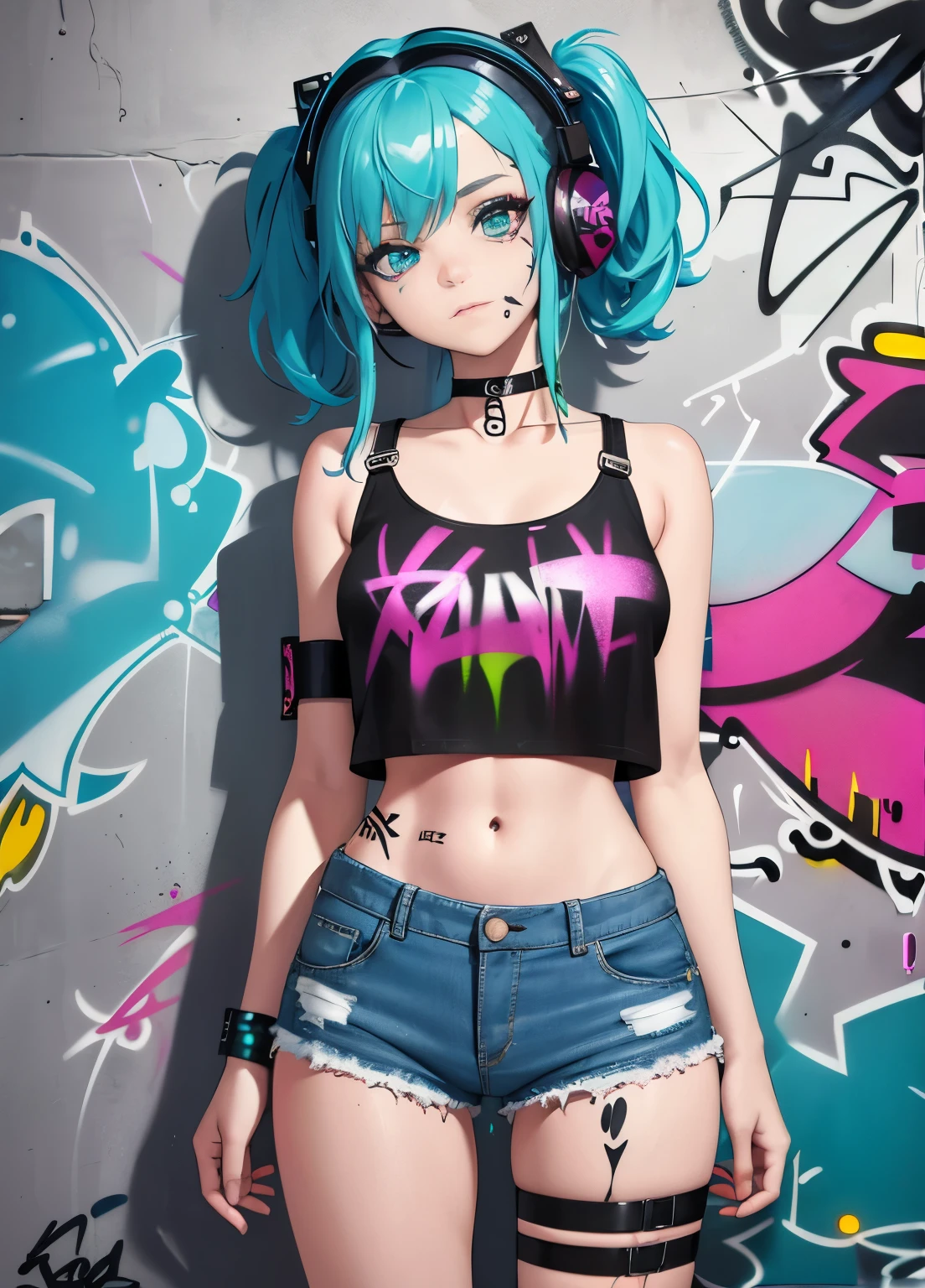 masterpiece, best quality, 1girl, solo, crop top, denim shorts, choker, (graffiti:1.5), paint splatter, arms behind back, against wall, looking at viewer, armband, thigh strap, paint on body, head tilt, bored, multicolored hair, aqua eyes, headset,