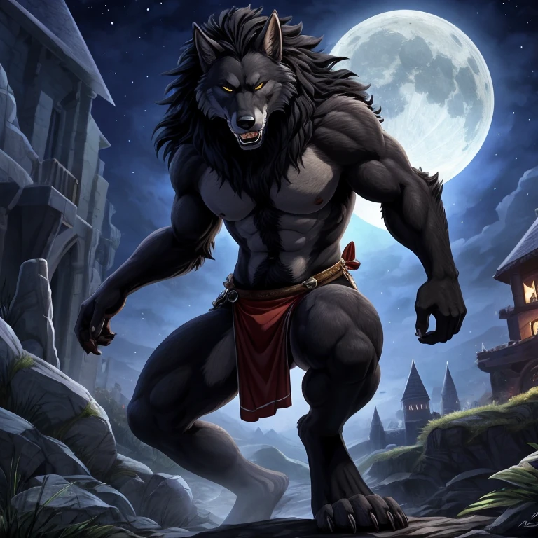 (by Bonfire Demon:0.8), (by wfa:1), (incredibly detailed and intricate:0.8), masterpiece, photorealistic, 4k, 8k, ultra detailed, high quality, werewolf, (dark grey fur:1.2), (black mane:1.5), (detailed fur texture:1.2), digitigrade, correct anatomy correct proportions, (athletic body: 0.8), (black fur happy trail:1.4), (furry chest:0.8), (wolf claws:0.8), (wolf fangs and teeth:0.8), outside of a castle on midnight with full moon, using a loincloth, (detailed bulge:0.8)