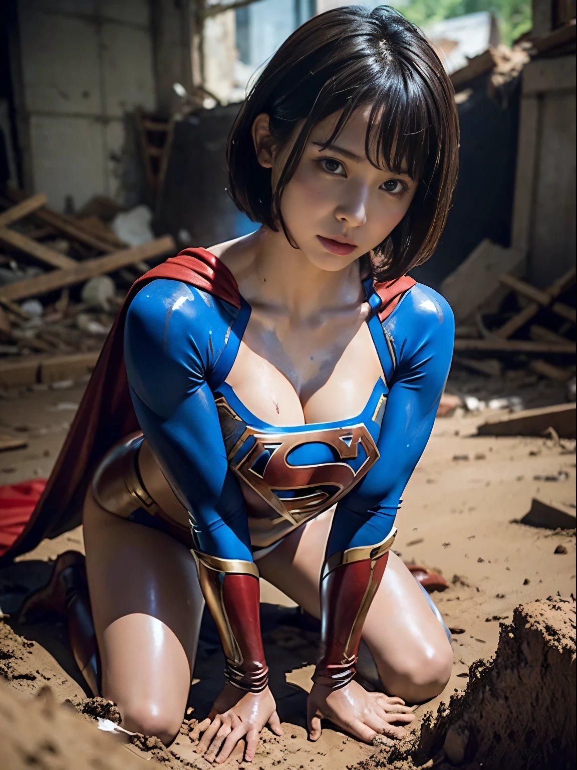 masterpiece、Short-haired Supergirl lying in the rubble、large full breasts、Looking at the camera、Glossy costume、Exhaustion、wounded、Mud stains、Covered in mud、Exhausted、cum on、Bukkake、MuCoi、mush、seduces