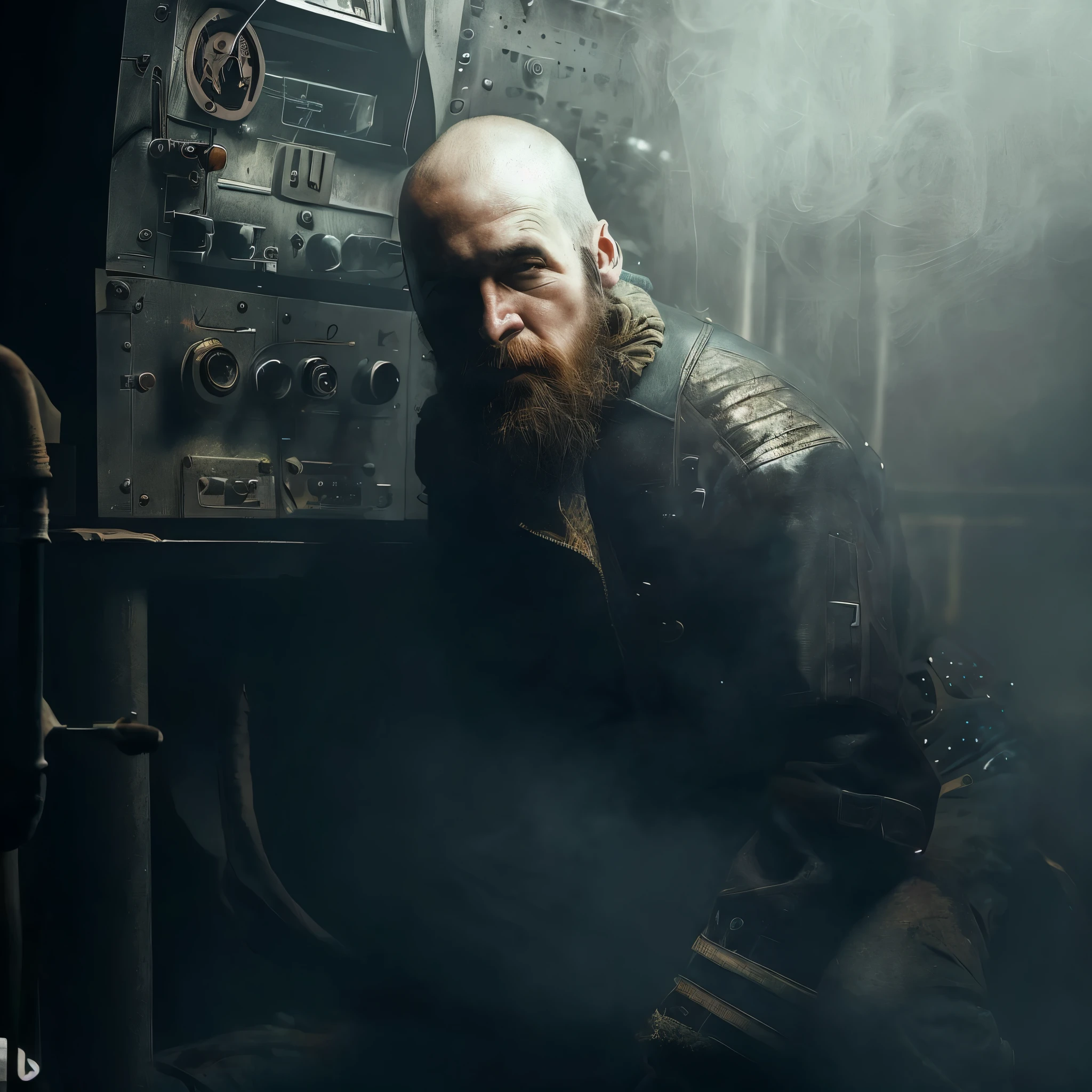 there is a man with a beard and a leather jacket, tuomas korpi and wlop, cinematic portrait, character photography, cinematic gritty lighting, soviet style cyberpunk, cyberpunk old man, cyberpunk style ， hyperrealistic, photorealistic dark concept art, hyper-realistic cyberpunk style, cinematic photograph concept art, portrait of a cyberpunk man, cinematic bust portrait, cyberpunk photo