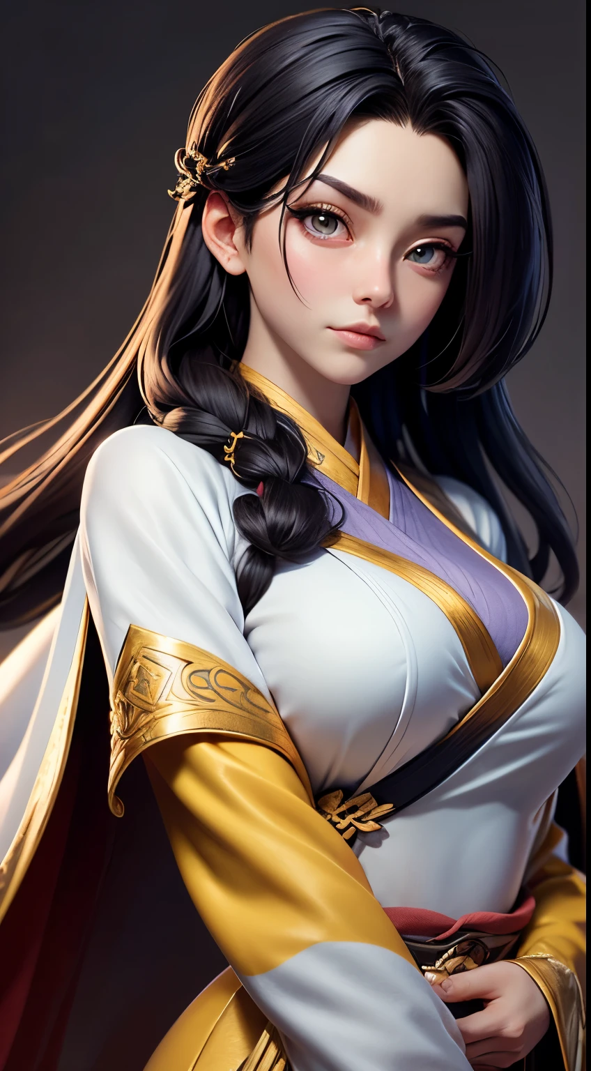 The pictures that need to be drawn should be of high quality,A character with long purple-black hair flowing and golden eyes。She wears a white cape,Look up into the distance。The focus of the picture is on the upper body of the character,Pay attention to details of the hairline and skin。She has a side braid,wearing a hanfu,And wear delicate accessories。Calm expression,k hd,illustrioueather background decoration,Childlike big breasts,sneering,angelicales,spread the wingull bodyesbian,Burst clotheocus is on the whole body,in a panoramic view,pubes,Limbs open