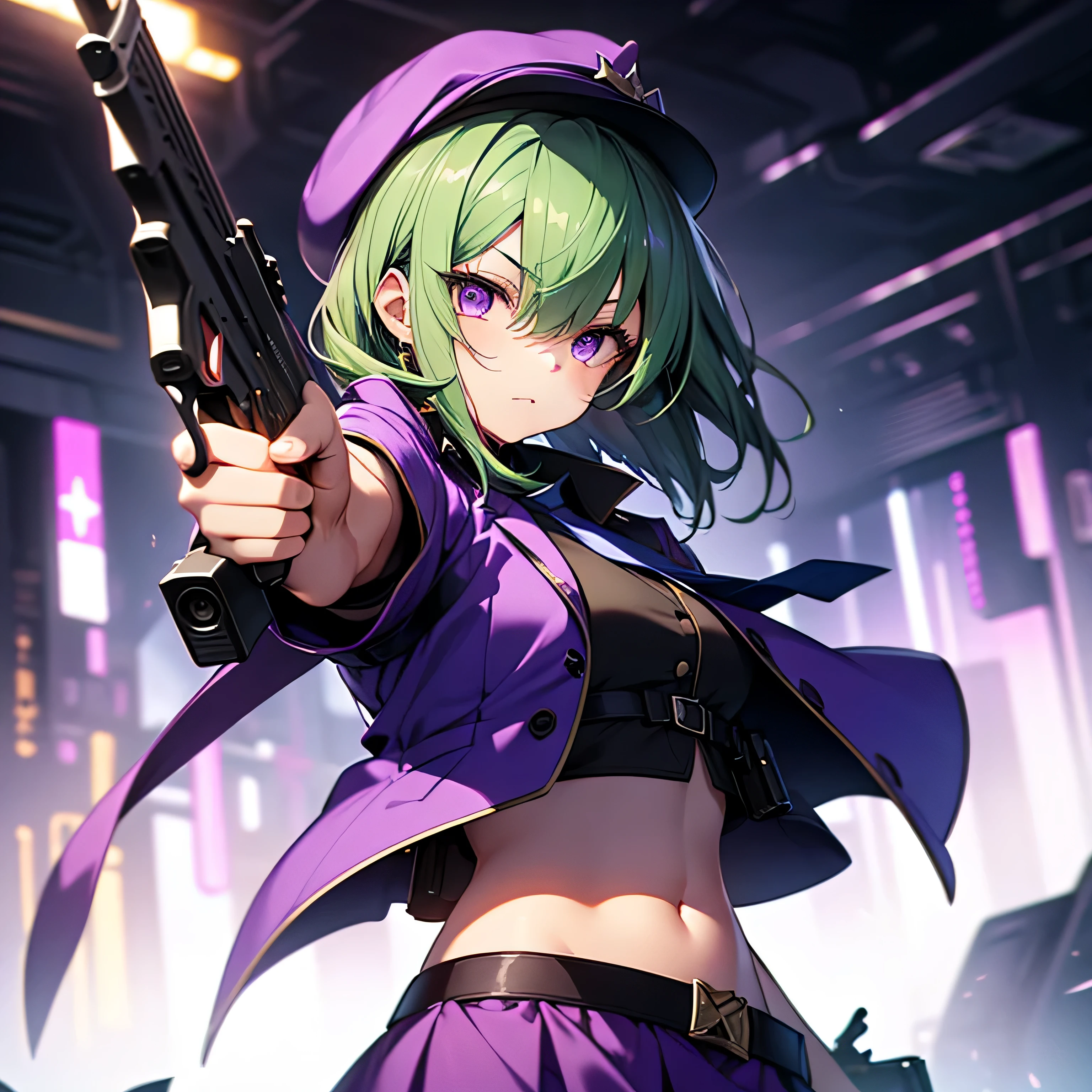 top-quality、extremely delicate and beautiful、(A teenage girl)、Purple Eye、Green hair、short-haired、(Purple pointy hat)、Purple tie、Soio、shortsleeves、Purple skirt、Navel,Tactical Vest、shortsleeves、Purple skirt、(Holding a pistol in his right hand)、((Pointing the gun to the front))
