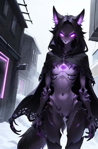 girl, wolf, demon, slender, ((protruding hipbone)), purple glowing eyes, cybernetics below the waist, furry tail, furry arms, claws, ((protruding rib bones)), lace poncho, dark snowy alley,