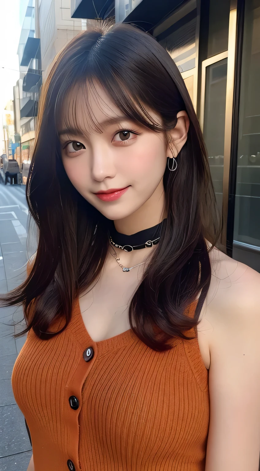 masutepiece, Best Quality, Illustration, Ultra-detailed, finely detail, hight resolution, 8K Wallpaper, Perfect dynamic composition, Beautiful detailed eyes, doress,Medium Hair, mid-chest, Natural Color Lip, Random and sexy poses,Smile,Aoyama Street Walk、20 years girl、Colossal tits、Too much exposure、No shoulder knitwear(orange colors)、The chest is free、Large buttons、Slid、Choker with chain(Black)、I keep my hair tied