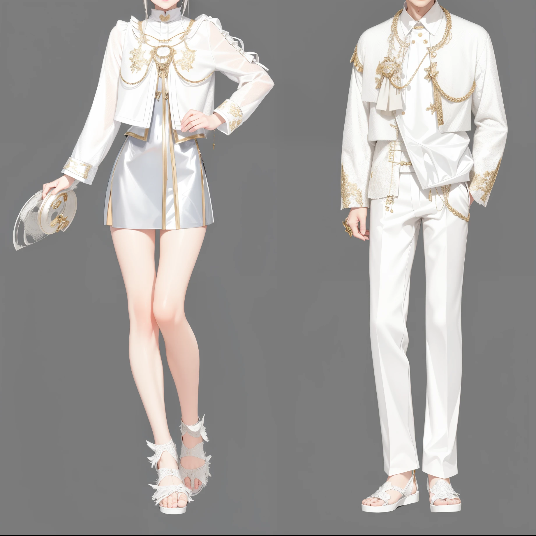 几个穿着white clothes的人的动漫风格插画, fashion concept art, 清晰的clothing design, lunar themed attire, clothing design, very detailed and rich clothing, Meticulous clothes, clothing concept, Style Games Square Enix, clothes high detail, white clothes, detailed full body concept art, White fashion clothes, fashion study, Detailed fashion illustration, casual white garment