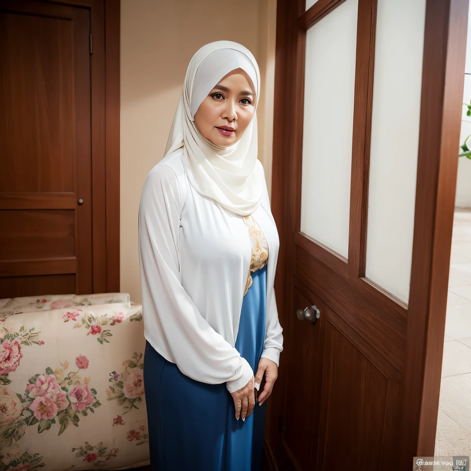 56 Years Old, Beautiful Hijab Indonesian Mature woman, Droopiest Saggy Big Mature Tits : 99.9, Gamis, lewd body, at Hallroom, Nikon D7000, 64K HDR Photo