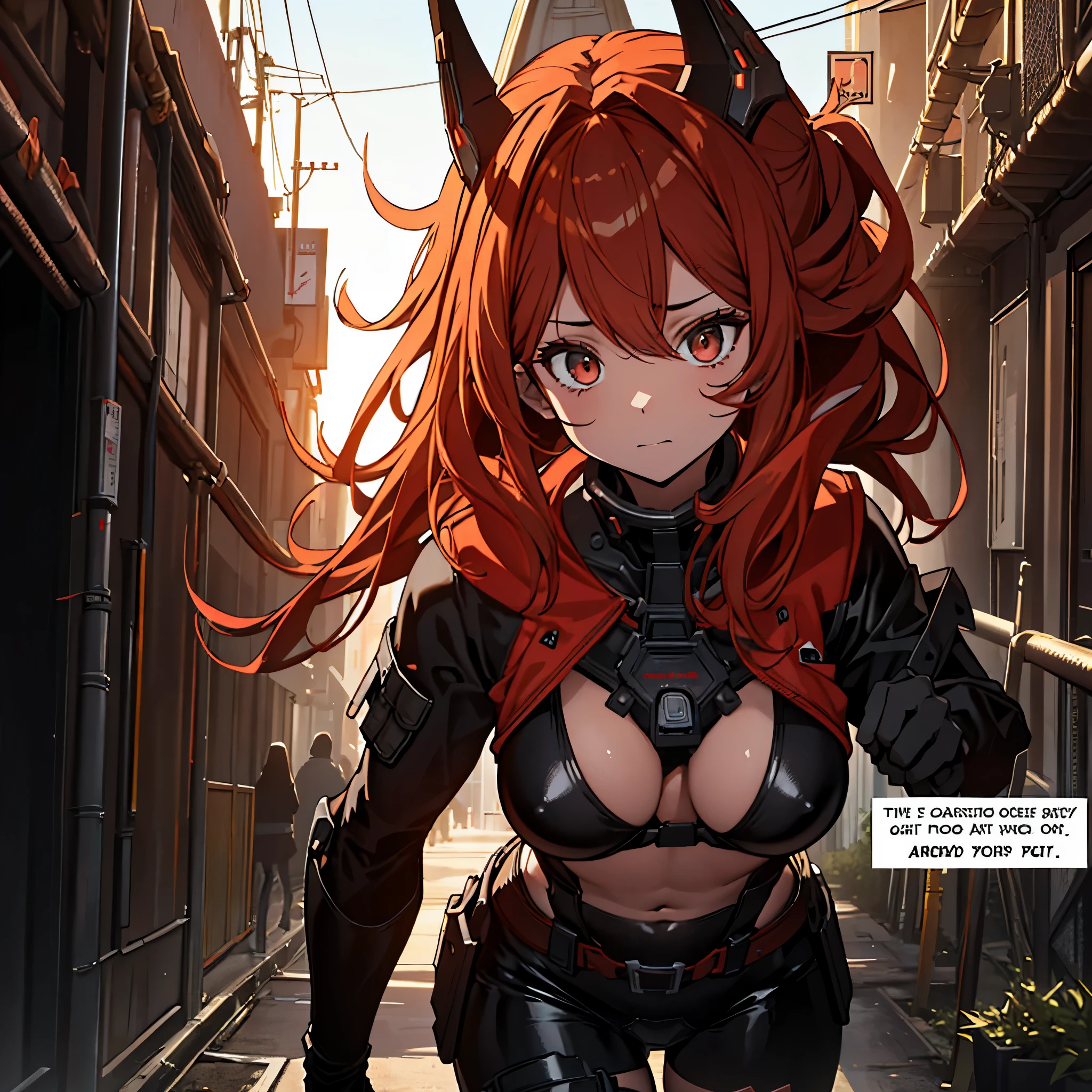 A lone mature girl, Leg long Burning Red hair, , Brown eyes, cat eyes, Beautiful face, masterpiece, best quality, expressive eyes, perfect face, forehead protector, long Black Twin Horn Head Gear, Big Anti-Tank Sniper Rifle, Exposed Navel, Black rubber skin tight suit, full leg black stocking, exposed chest , sci-fi city , High detail mature face, combat suit, high res, ultra sharp, She stands confidently in the center of the poster, Shooting pose, explosion effect, a determined expression on her face。The background is dark and gritty，There is a sense of danger and a strong feeling。The text is bold and eye-catching，With catchy slogans，Adds to the overall drama and excitement。The color palette is dominated by dark colors，Dotted with bright colorake the poster dynamic and visually strikinagazines:1.3), (Cover-style:1.3), Fashion, vibrant, Outfit, posing on a, Front, rich colorful，Background with，element in，self-assured，Expressing the，halter，statement，Attachment，A majestic，coil，Runt，Touching pubic area，Scenes，text，Cover of a，boldness，attention-grabbing，titleashion，typeface，，Best quality at best，Hyper-detailing，8K ，hyper HD