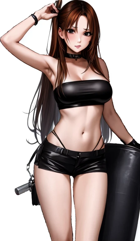 A beautiful adult woman with long, shoulder-length hair, big breasts, beautiful legs, and a sharp face wears a black tube top that exposes her navel and black hot pants that look like panties, standing with her legs spread apart and being cheered by female fans. I'm standing there with a。「Thank you to all the female fans!」There is a message saying。
