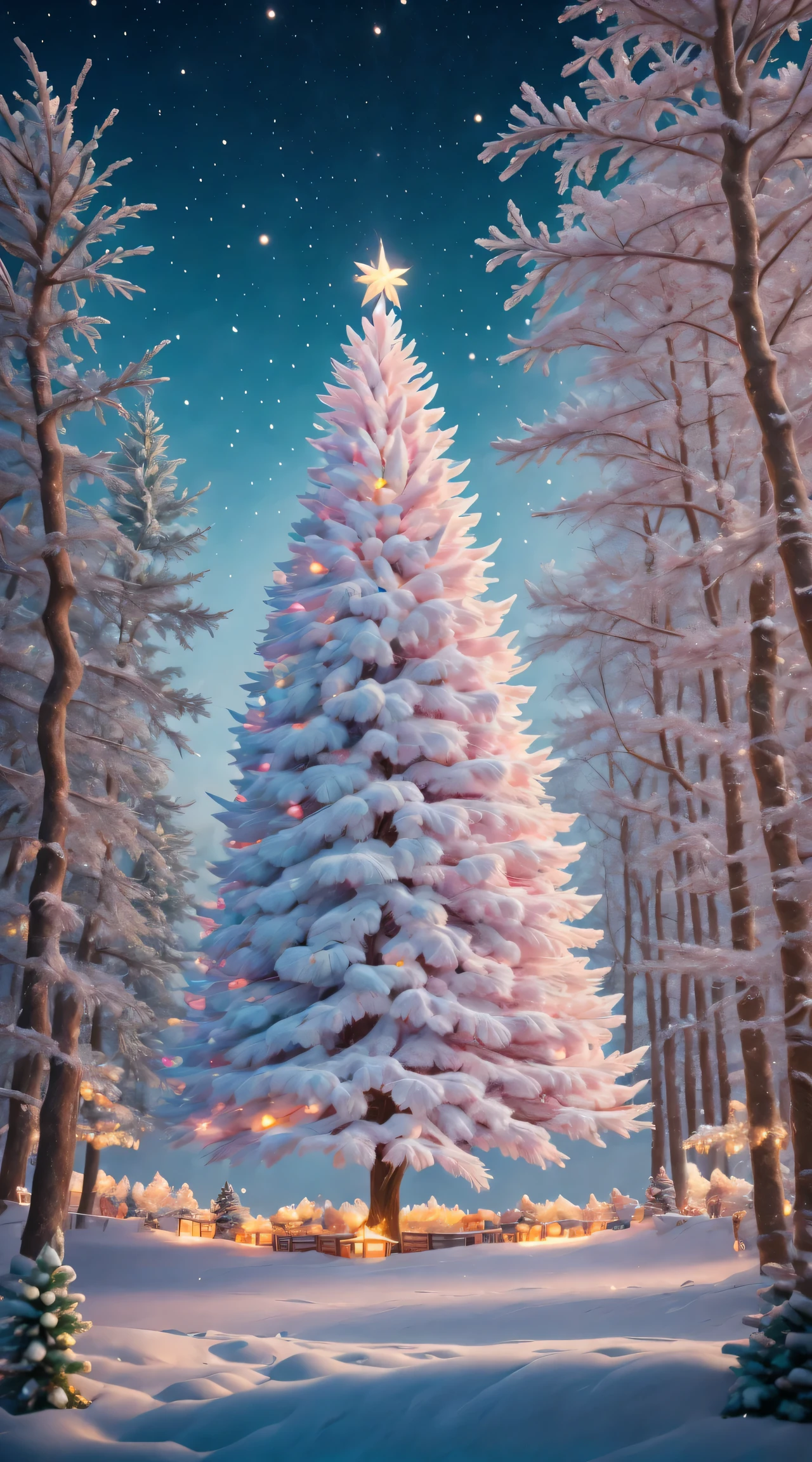 A marshmallow Christmas tree,Comfortable winter environment，Joyful festive atmosphere，starrysky，Stars twinkle in the winter air，winter fairy tale，