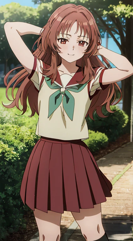 2d, masterpiece, best quality, anime, highly detailed background, perfect lighting, (beautiful, best quality:1.1), masterpiece, perfect eyeeautiful), erotic, 1girl,
ai_mie, long hair, red eyes, red hair, small breasts, (squint eyes:1.2),
skirt, brown eyes, school uniform, short sleeves, red hair, pleated skirt, shoes, serafuku, socks, kneehighs, red skirt, forest, dark sky, contrapposto, smile, spread armpits, cowboy shot, sleeveless, {arms behind head}, shy, blushing,