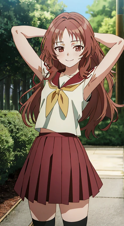 2d, masterpiece, best quality, anime, highly detailed background, perfect lighting, (beautiful, best quality:1.1), masterpiece, perfect eyeeautiful), erotic, 1girl,
ai_mie, long hair, red eyes, red hair, small breasts, (squint eyes:1.2),
skirt, brown eyes, school uniform, short sleeves, red hair, pleated skirt, shoes, serafuku, socks, kneehighs, red skirt, forest, dark sky, contrapposto, smile, spread armpits, cowboy shot, sleeveless, {arms behind head}, shy, blushing,