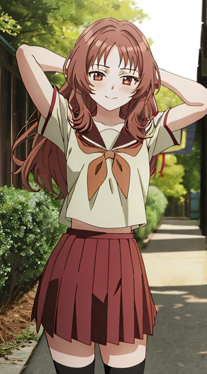 2d, masterpiece, best quality, anime, highly detailed background, perfect lighting, (beautiful, best quality:1.1), masterpiece, perfect eyeeautiful), erotic, 1girl,
ai_mie, long hair, red eyes, red hair, small breasts, (squint eyes:1.2),
skirt, brown eyes, school uniform, short sleeves, red hair, pleated skirt, shoes, serafuku, socks, kneehighs, red skirt, forest, dark sky, contrapposto, smile, spread armpits, cowboy shot, sleeveless, {arms behind head}, shy, blushing,