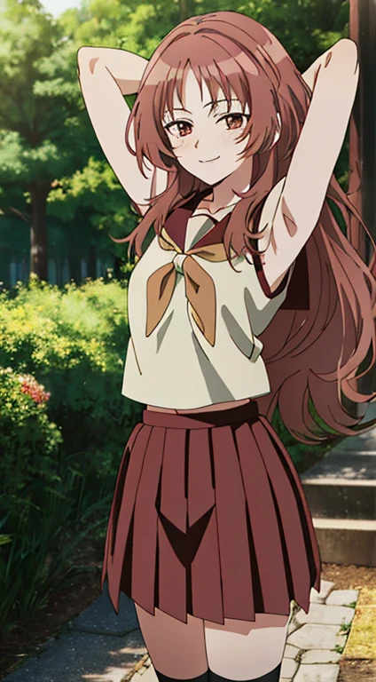 2d, masterpiece, best quality, anime, highly detailed background, perfect lighting, (beautiful, best quality:1.1), masterpiece, perfect eyeeautiful), erotic, 1girl,
ai_mie, long hair, red eyes, red hair, small breasts, (squint eyes:1.2),
skirt, brown eyes, school uniform, short sleeves, red hair, pleated skirt, shoes, serafuku, socks, kneehighs, red skirt, forest, dark sky, contrapposto, smile, spread armpits, cowboy shot, sleeveless, {arms behind head}, shy, blushing,