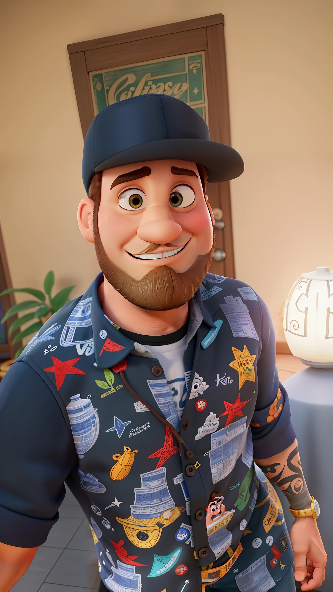 Poster no estilo Disney pixar, alta qualidade, melhor qualidade, homem sexy branco, 30 anos cabelo grisalho barba preta, musculoso, com fundo em um restaurante a luz de velas
