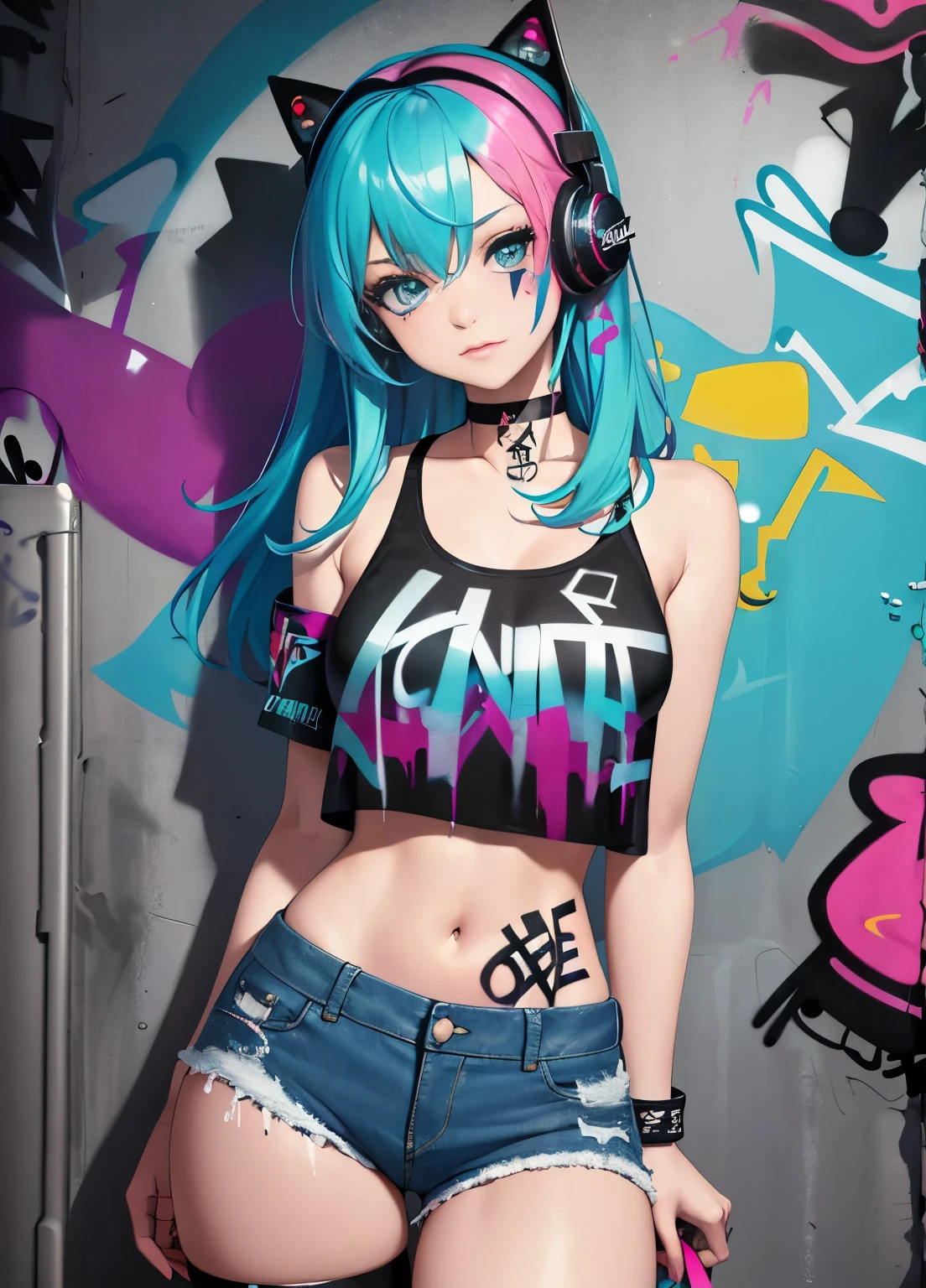 masterpiece, best quality, 1girl, solo, crop top, denim shorts, choker, (graffiti:1.5), paint splatter, arms behind back, against wall, looking at viewer, armband, thigh strap, paint on body, head tilt, bored, multicolored hair, aqua eyes, headset,