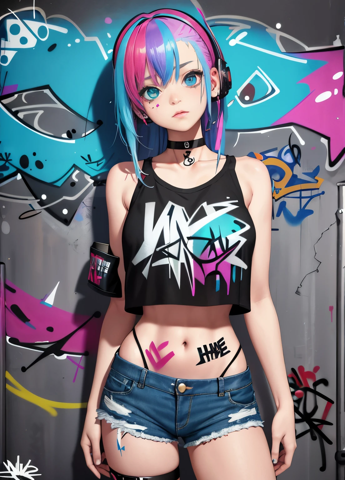 masterpiece, best quality, 1girl, solo, crop top, denim shorts, choker, (graffiti:1.5), paint splatter, arms behind back, against wall, looking at viewer, armband, thigh strap, paint on body, head tilt, bored, multicolored hair, aqua eyes, headset,