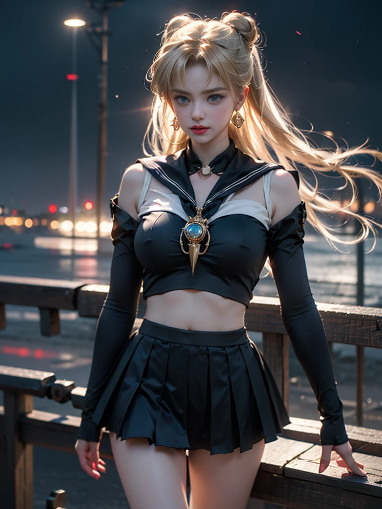 tmasterpiece，Highest image quality，super detailing，Best quality ,Extremely Delicately Beautiful, Very meticulous,Best quality, offcial art, extremely detaild的 CG unified 8k wallpapers, Ana de Armas portrait photo, 金发eBlue eyes，(CG Unity 8K wallpaper in extreme detail，tmasterpiece，Highest image quality)，(Delicate light and shadow，The picture is highly dramatic，Cinematic lens effect)， （the sailor moon：1.1），Charming smile，double tails， eBlue eyes，golden hair， tight top，whitegloveini-skirts，dynamicposes)，The background is the universe(Exceptional detail，The lighting effect is outstanding，Vista wide angle)，(Excellent rendering，Enough to stand out from the crowd)，Sexy big breasts，Dreamcatcher earrings，The sexiest look，beautiful thigh，