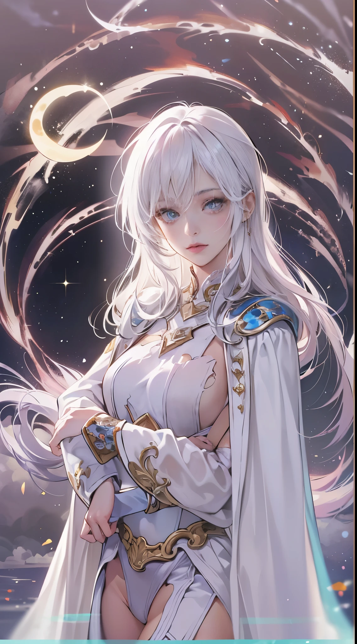 One lady,25-years old,((White hair) ,((())), (()), (())((hair adornments)),((White microskirt,pink bodysuit and short white cloak)),,(A dark-haired,),((Fantasy,Moon Night))((Clothes are torn))