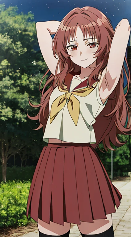 2d, masterpiece, best quality, anime, highly detailed background, perfect lighting, (beautiful, best quality:1.1), masterpiece, perfect eyeeautiful), erotic, 1girl,
ai_mie, long hair, red eyes, red hair, small breasts, (squint eyes:1.2),
skirt, brown eyes, school uniform, short sleeves, red hair, pleated skirt, shoes, serafuku, socks, kneehighs, red skirt, forest, dark sky, contrapposto, smile, spread armpits, cowboy shot, sleeveless, {arms behind head}, shy, blushing,