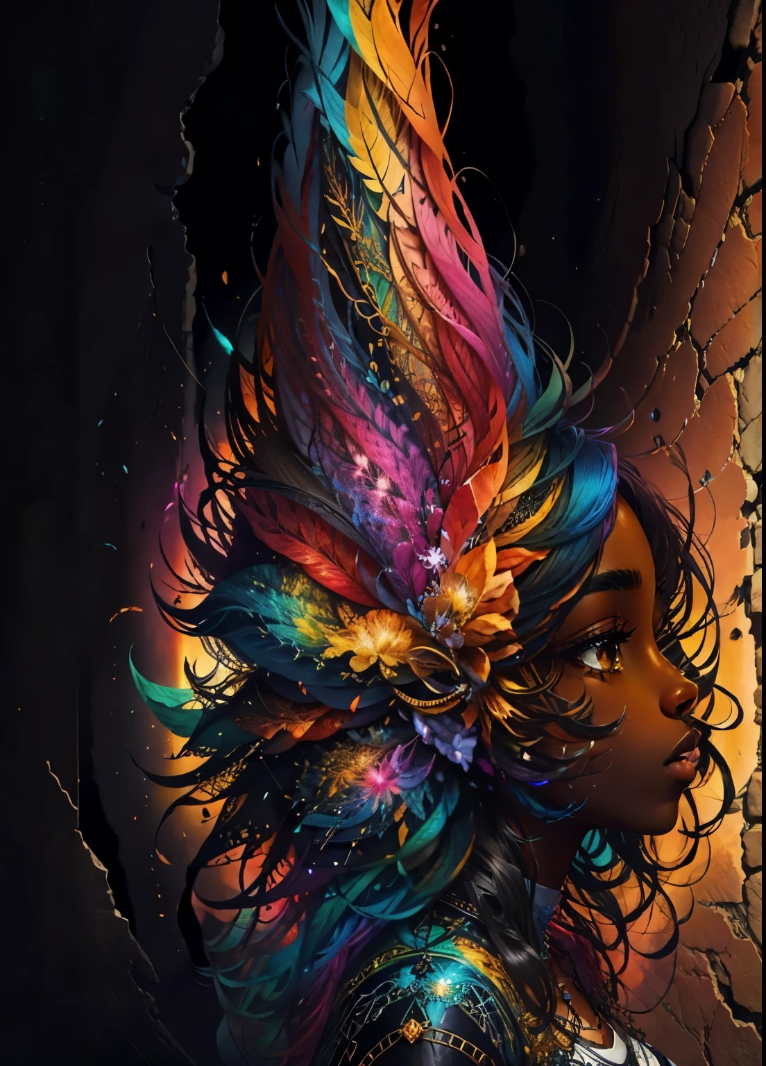 colorhalf00d,, top-down view of a gabrielle uniyon, black woman, feathers, acceptance vibrant, beautiful, intricate, detailed