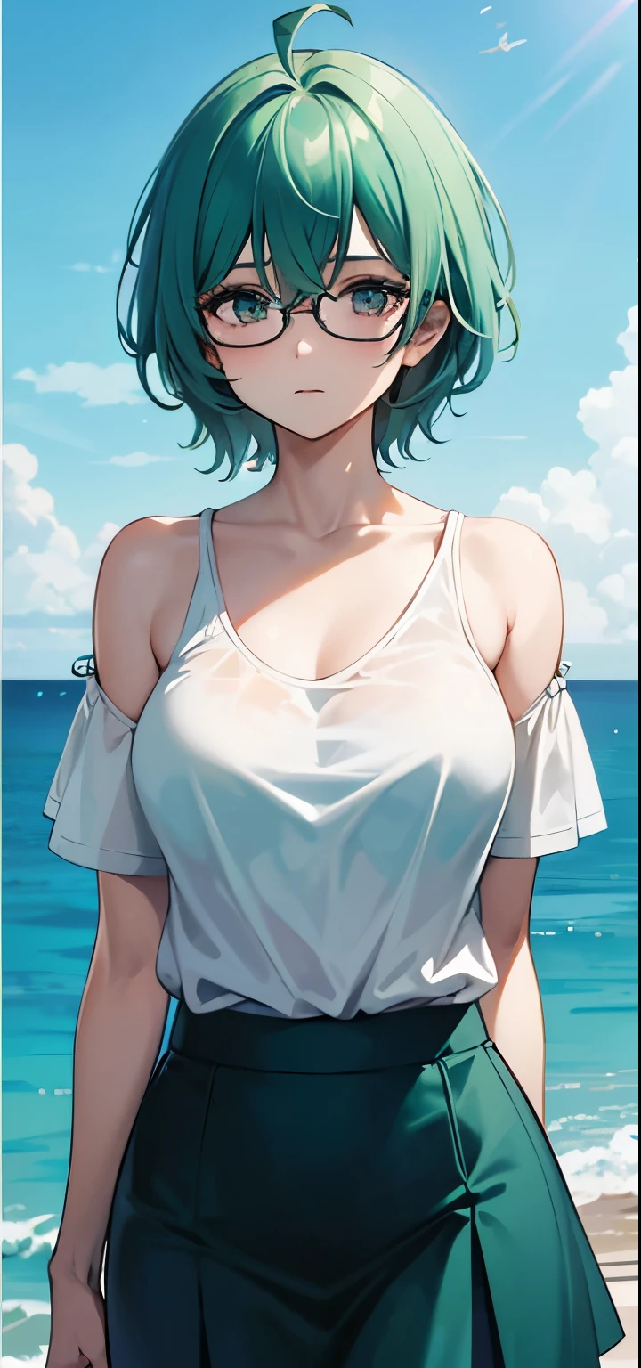 1girl, solo, 53 years old, milf, teal and green hair, messy hair, asymmetrical hair, ahoge, very short hair, aqua eyes, medium breasts, pale skin, glasses,blue sky, ocean, short skirt, (very detailed background:1.0), (highly detailed background:1.0),