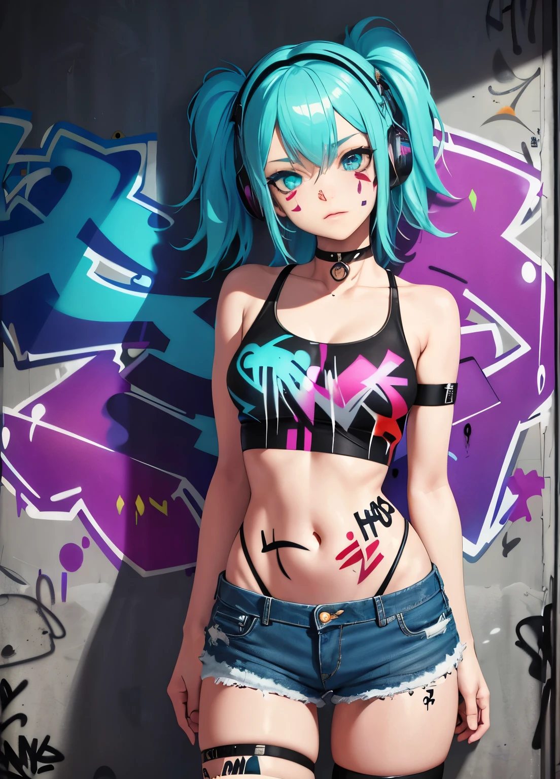masterpiece, best quality, 1girl, solo, crop top, denim shorts, choker, (graffiti:1.5), paint splatter, arms behind back, against wall, looking at viewer, armband, thigh strap, paint on body, head tilt, bored, multicolored hair, aqua eyes, headset,