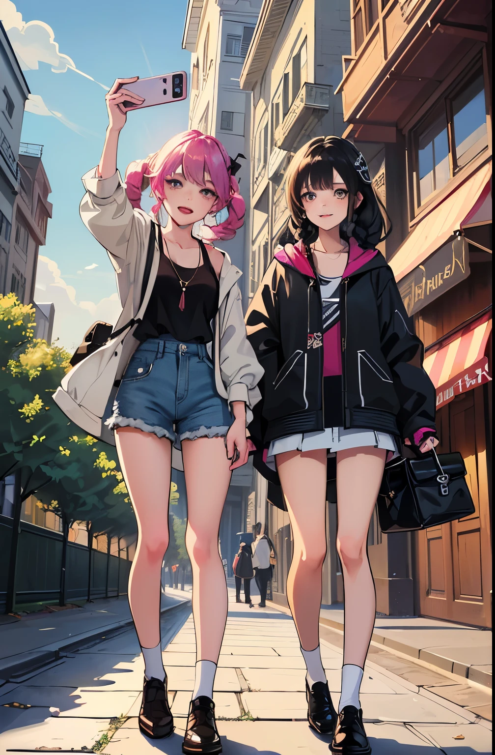 ,twins, Masterpiece,Best quality,offcial art,Extremely detailed Cg Unity 8K wallpaper, 2girls, cute female child, Yuri, hair adornments, Short shorts, Crop top, Pantyhose, ribbon_choker necklace, leg belt,