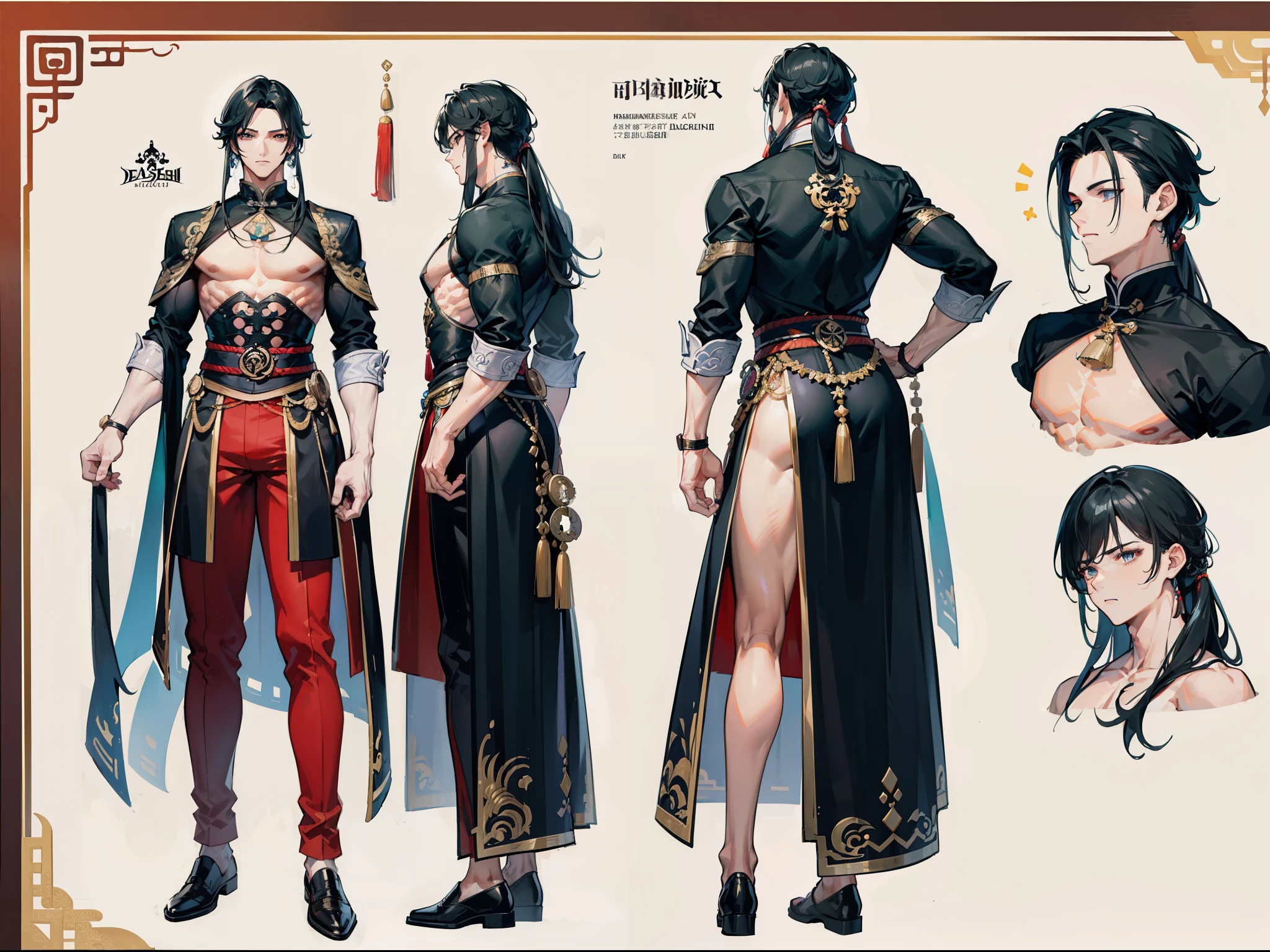 ((Masterpiece, Highest quality)), Detailed face, character design sheet，full body esbian, Full of details, frontal body view, back body view, Highly detailed, Depth, Many parts, Muscle boy with long black hair，handsome man,  Traditional chinese clothes, Genshin Impact, man tall, pectoral muscles, abs