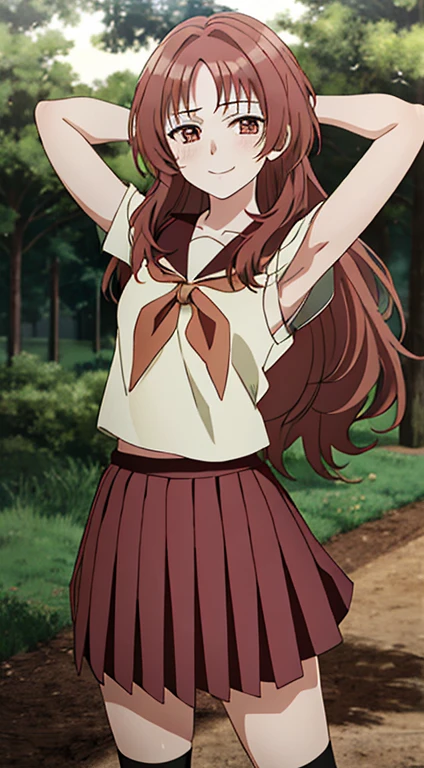 2d, masterpiece, best quality, anime, highly detailed background, perfect lighting, (beautiful, best quality:1.1), masterpiece, perfect eyeeautiful), erotic, 1girl,
ai_mie, long hair, red eyes, red hair, small breasts, (squint eyes:1.2),
skirt, brown eyes, school uniform, short sleeves, red hair, pleated skirt, shoes, serafuku, socks, kneehighs, red skirt, forest, dark sky, contrapposto, smile, spread armpits, cowboy shot, sleeveless, {arms behind head}, shy, blushing,