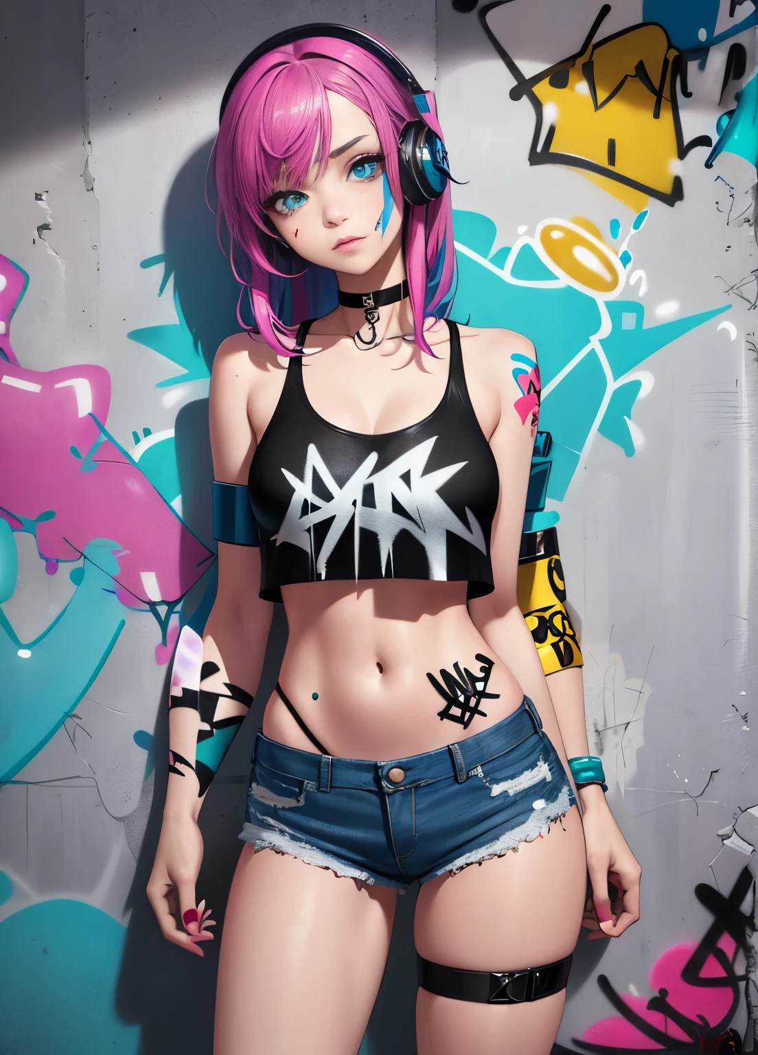 masterpiece, best quality, 1girl, solo, crop top, denim shorts, choker, (graffiti:1.5), paint splatter, arms behind back, against wall, looking at viewer, armband, thigh strap, paint on body, head tilt, bored, multicolored hair, aqua eyes, headset,