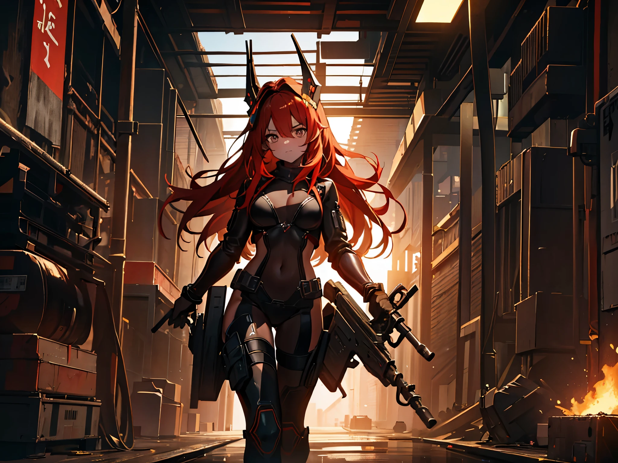 A lone mature girl, Leg long Burning Red hair, , Brown eyes, cat eyes, Beautiful face, masterpiece, best quality, expressive eyes, perfect face, forehead protector, long Black Twin Horn Head Gear, Big Anti-Tank Sniper Rifle, Exposed Navel, Black rubber skin tight suit, full leg black stocking, exposed chest , sci-fi city , High detail mature face, combat suit, high res, ultra sharp, She stands confidently in the center of the poster, Shooting pose, explosion effect, a determined expression on her face。The background is dark and gritty，There is a sense of danger and a strong feeling。The text is bold and eye-catching，With catchy slogans，Adds to the overall drama and excitement。The color palette is dominated by dark colors，Dotted with bright colorake the poster dynamic and visually strikinagazines:1.3), (Cover-style:1.3), Fashion, vibrant, Outfit, posing on a, Front, rich colorful，Background with，element in，self-assured，Expressing the，halter，statement，Attachment，A majestic，coil，Runt，Touching pubic area，Scenes，text，Cover of a，boldness，attention-grabbing，titleashion，typeface，，Best quality at best，Hyper-detailing，8K ，hyper HD