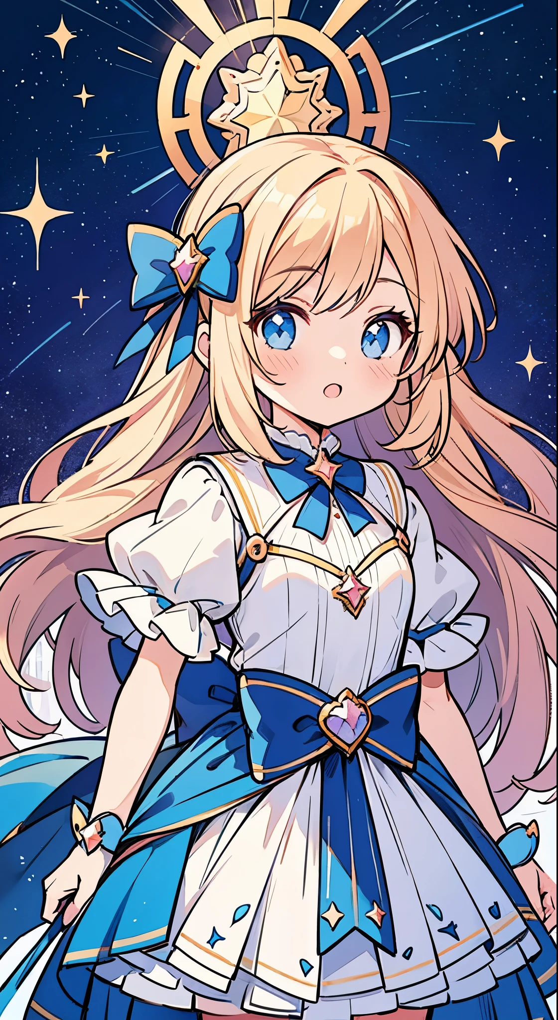 Anime girl star magical girl, sparkling magical girl, portrait of the magical girl, beautiful celestial mage, magical little girl, high detailed official artwork, Cute anime waifu in a nice dress, Pixiv Contest Winner, anime goddess, celestial magical girl, colorful multiple layered magical costume, bright pastel colors, colorful, whimsical, cute