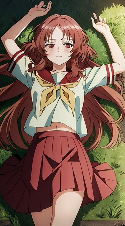 2d, masterpiece, best quality, anime, highly detailed background, perfect lighting, (beautiful, best quality:1.1), masterpiece, perfect eyeeautiful), erotic, 1girl,
ai_mie, long hair, red eyes, red hair, small breasts, (squint eyes:1.2),
skirt, brown eyes, school uniform, short sleeves, red hair, pleated skirt, shoes, serafuku, socks, kneehighs, red skirt, smile, cowboy shot, lying, on back, on grass, arms up, blue pants. closed mouth, spread arms, shy, blushing,