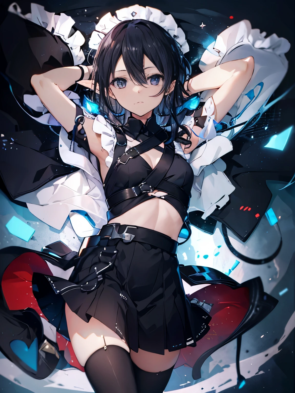 {tmasterpiece}},Best quality,Very detailed CG-8k wallpaper,电影灯光,lens flare glow,Beautiful colored eyes,The kinky is exposed,black lace bras,Colorful light,Particulate matter,heterochromatic,(One color:1.5), (black color hair:1.5),Sexual turn,purple eye chest,Black maid rope ripped elf#39;natural,ragged company,Wearing patterned black stockings,wrapped in blurry white,Use your arms as support,Legs are very thin and long,texture deliose hair,,cabelos preto e longos,The kinky is exposed,Female Kirito